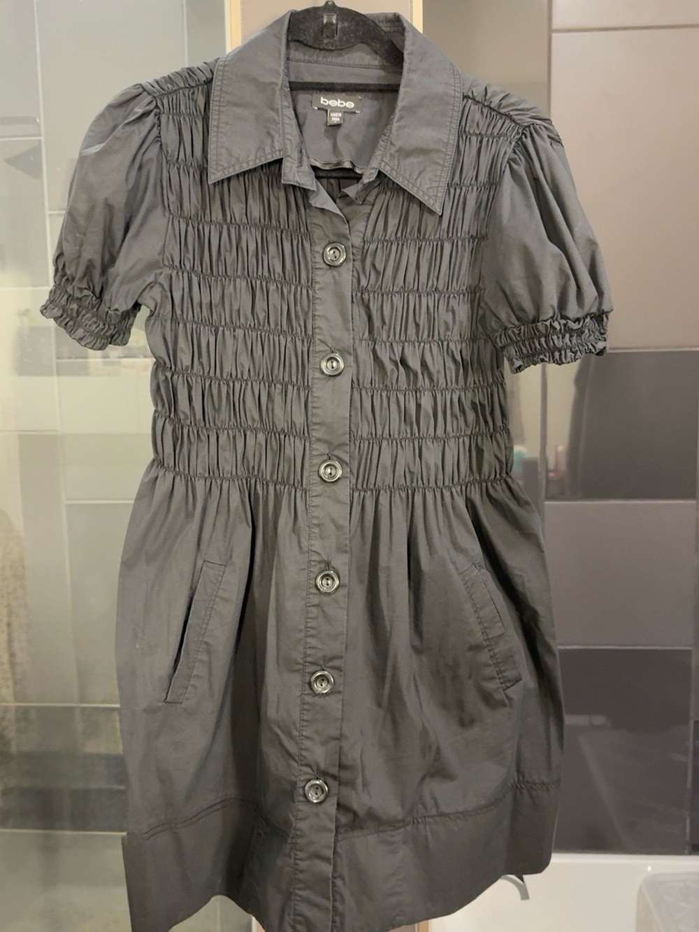 bebe Black Smocked Button Front Shirt Dress Puff Sleeve Size S